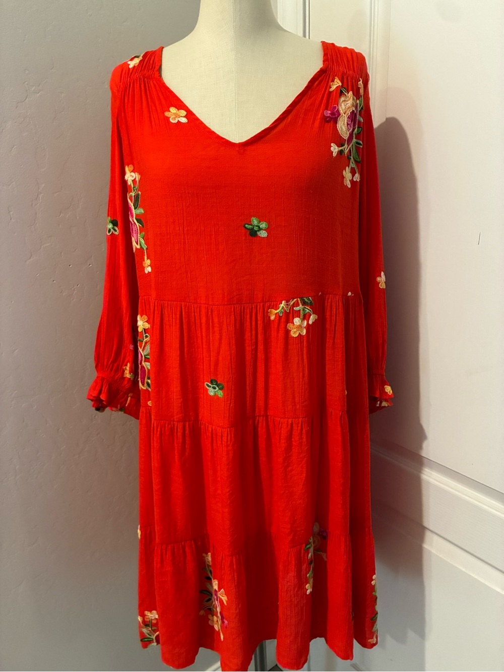 Olive Hill Red Embroidered V-Neck Tiered Women's Dress XL